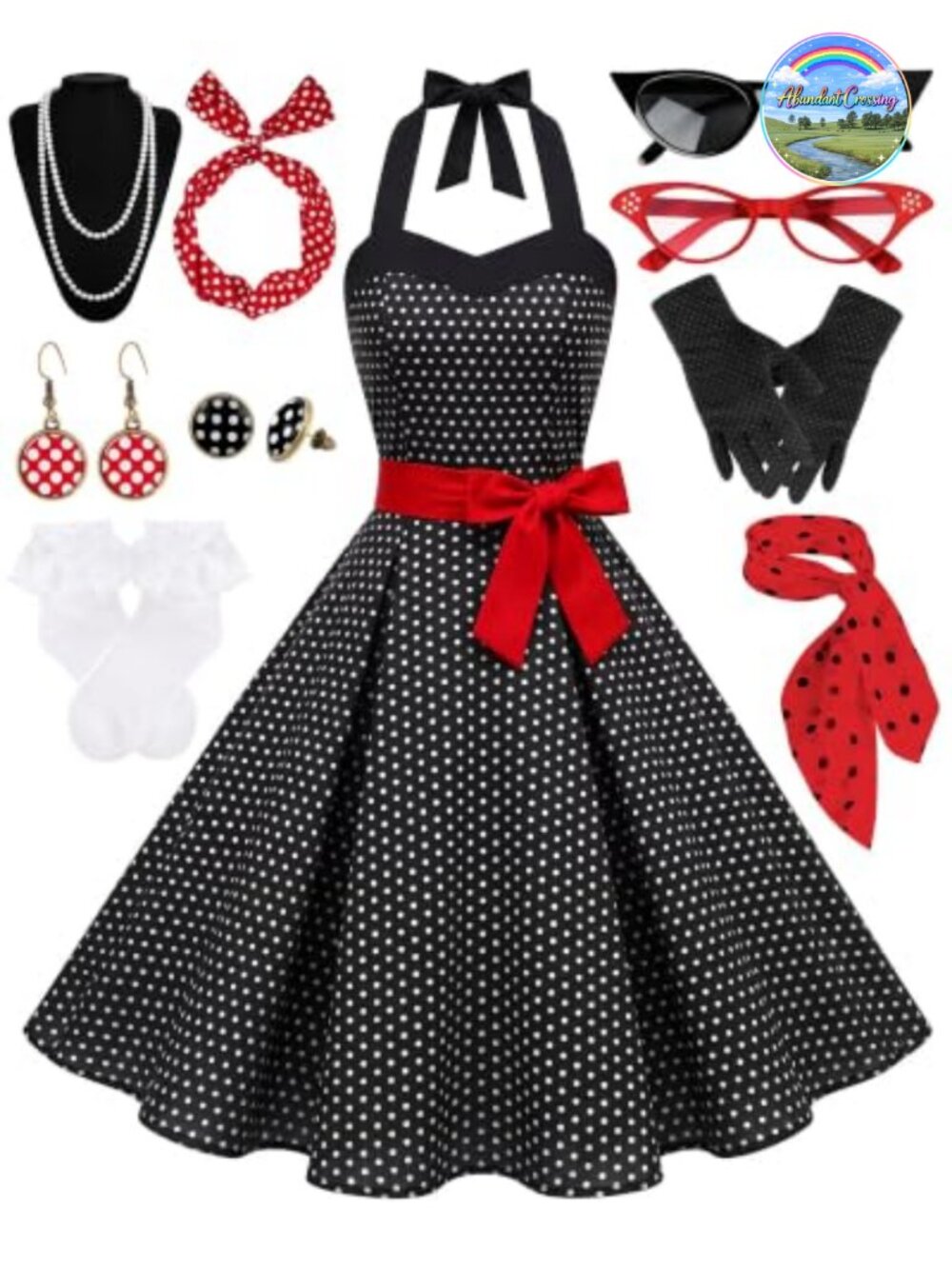 1950s Polka Dot Swing Dress Set with Retro Accessories Gloves Scarf Earrings